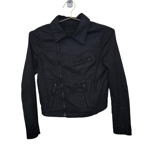 Adriano Goldschmeid Faux Leather Moto Jacket Size Small S Black Wax Coat Cropped - Picture 1 of 11